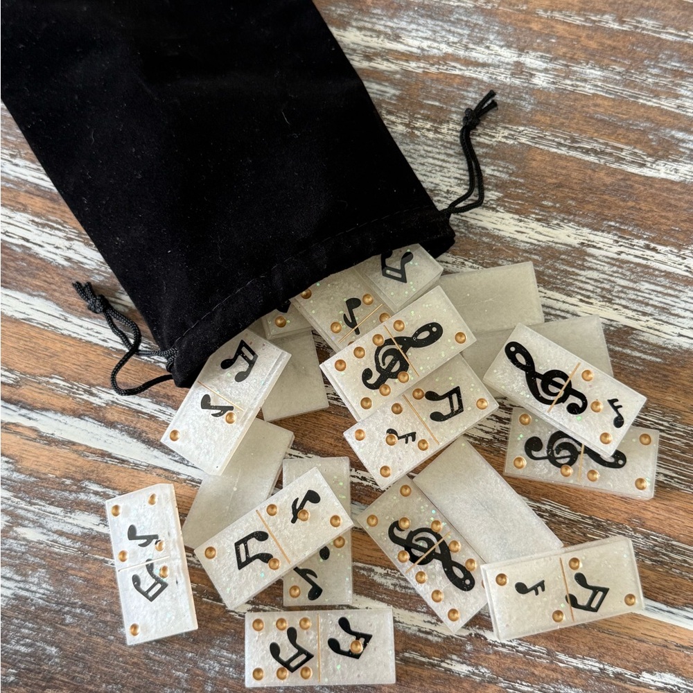 Music Notes Resin Dominoes Game with Velvet Bag 28 pieces Glitter Epoxy